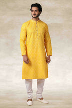 Raivat Ethnic Cotton Printed Work Kurta Pajama In Yellow Colour | Grocsy