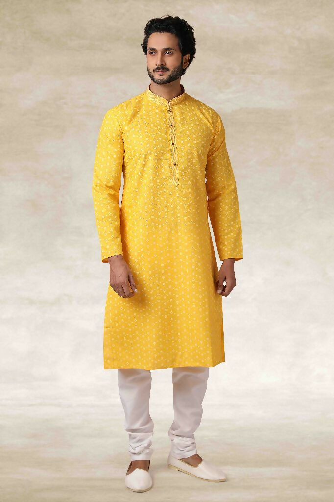 Raivat Ethnic Cotton Printed Work Kurta Pajama In Yellow Colour | Grocsy