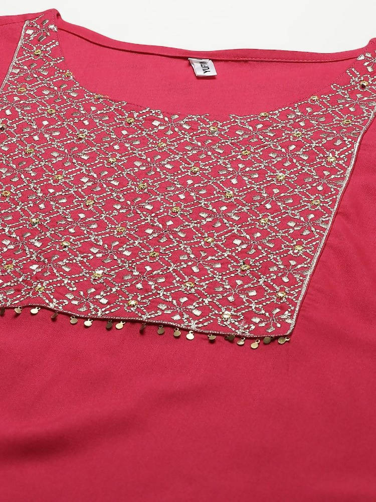 Yufta Women Pink Solid Kurta with Trouser & With Dupatta | Grocsy