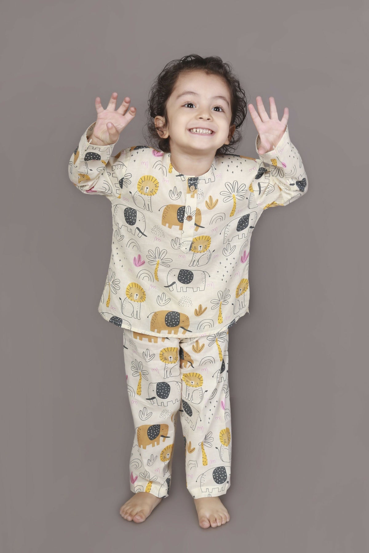 Breathables White Animal Print Cotton Nightsuit Set | Boys & Girls Kids Sleepwear | Grocsy