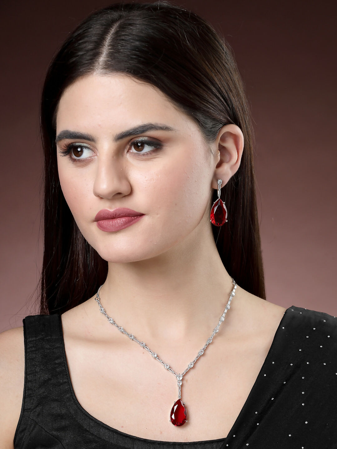 NVR Women's Silver-Plated Red Artificial Stones Studded Handcrafted Jewellery Set | Grocsy