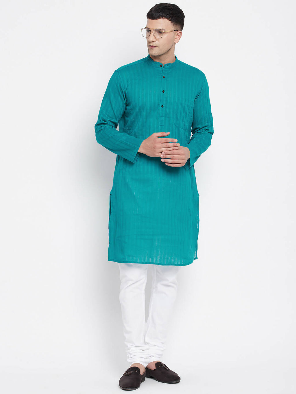 Even Apparels Green Pure Cotton Men's Kurta With Band Collar | Grocsy