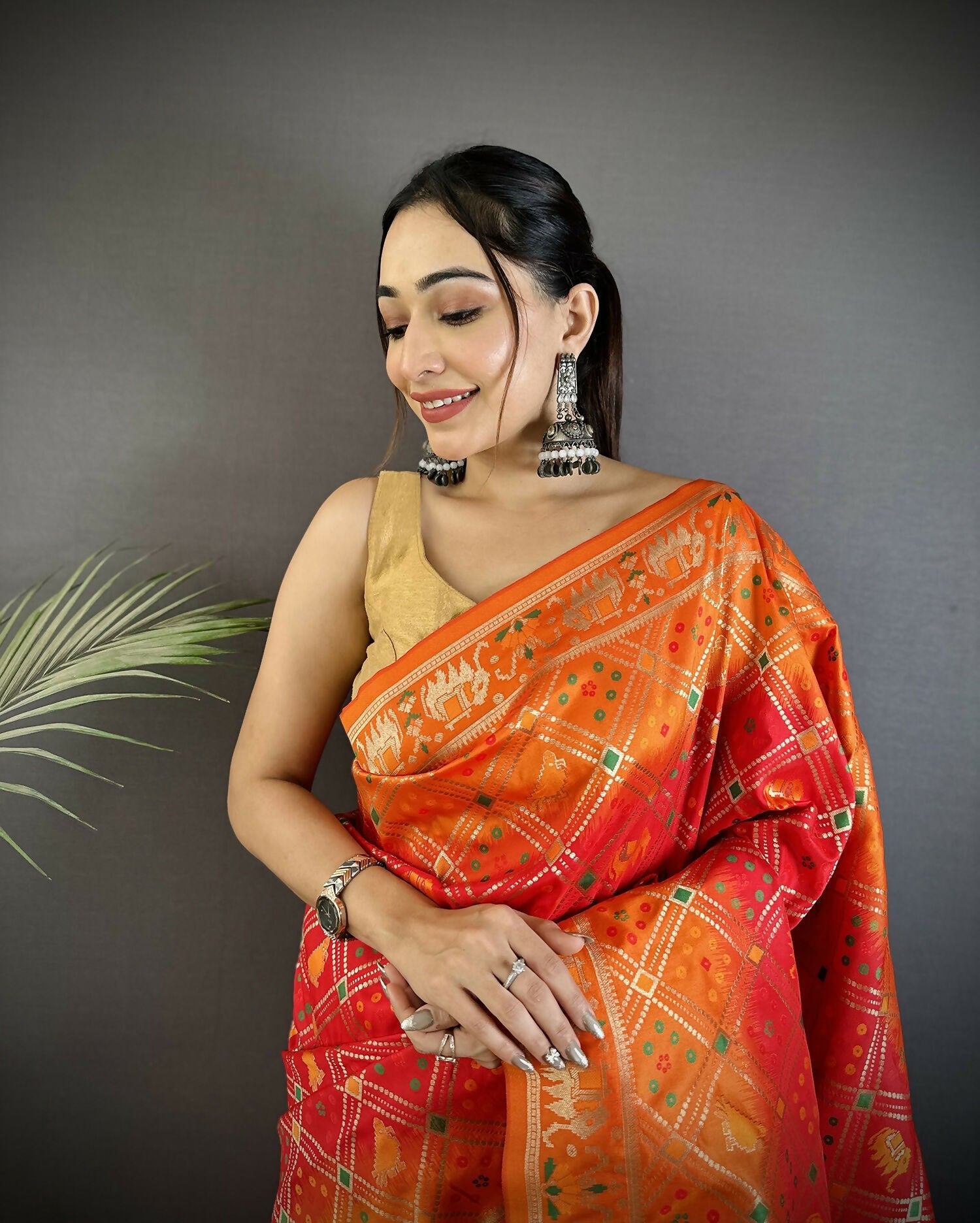 Joban Fashion Orange Geometric Pattern Soft Silk Patola Saree | Grocsy