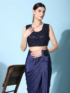 Blue Imported Crush Lycra Texture Pattern Ready to Wear Saree with stitched Blouse - Nirvana | Grocsy