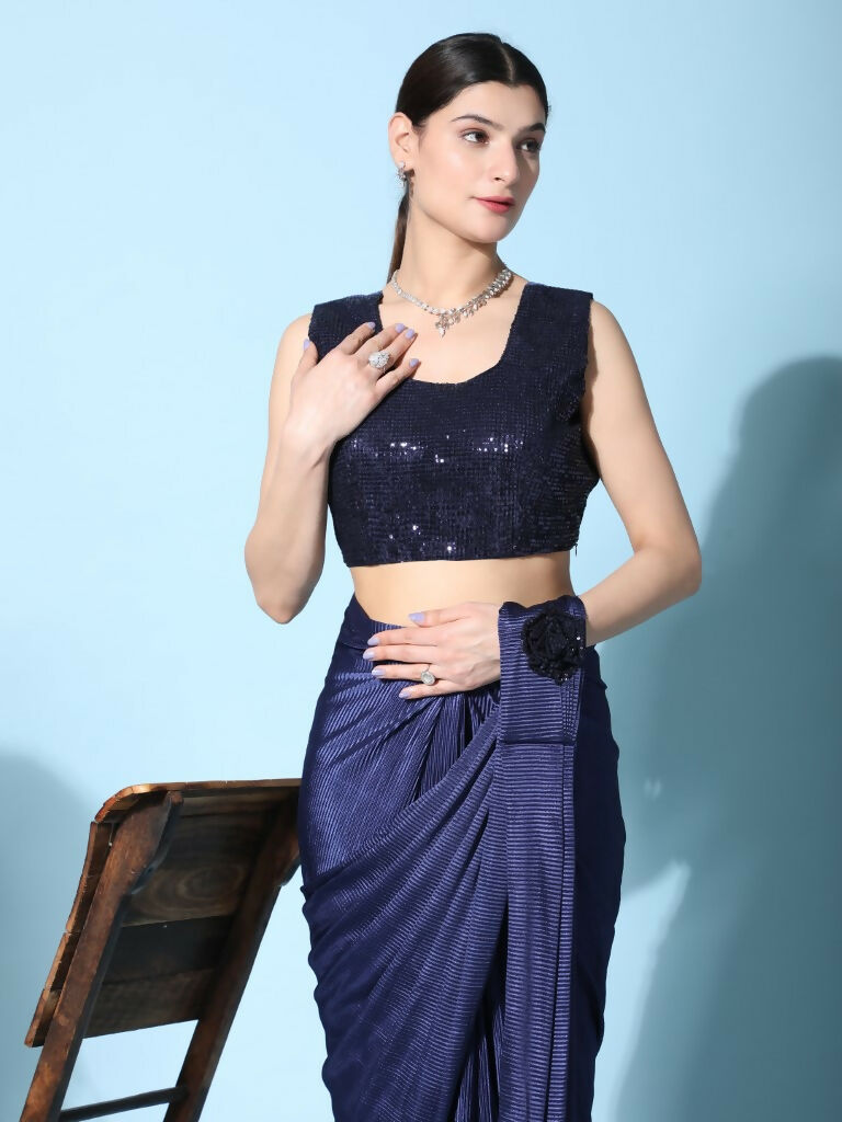 Blue Imported Crush Lycra Texture Pattern Ready to Wear Saree with stitched Blouse - Nirvana | Grocsy