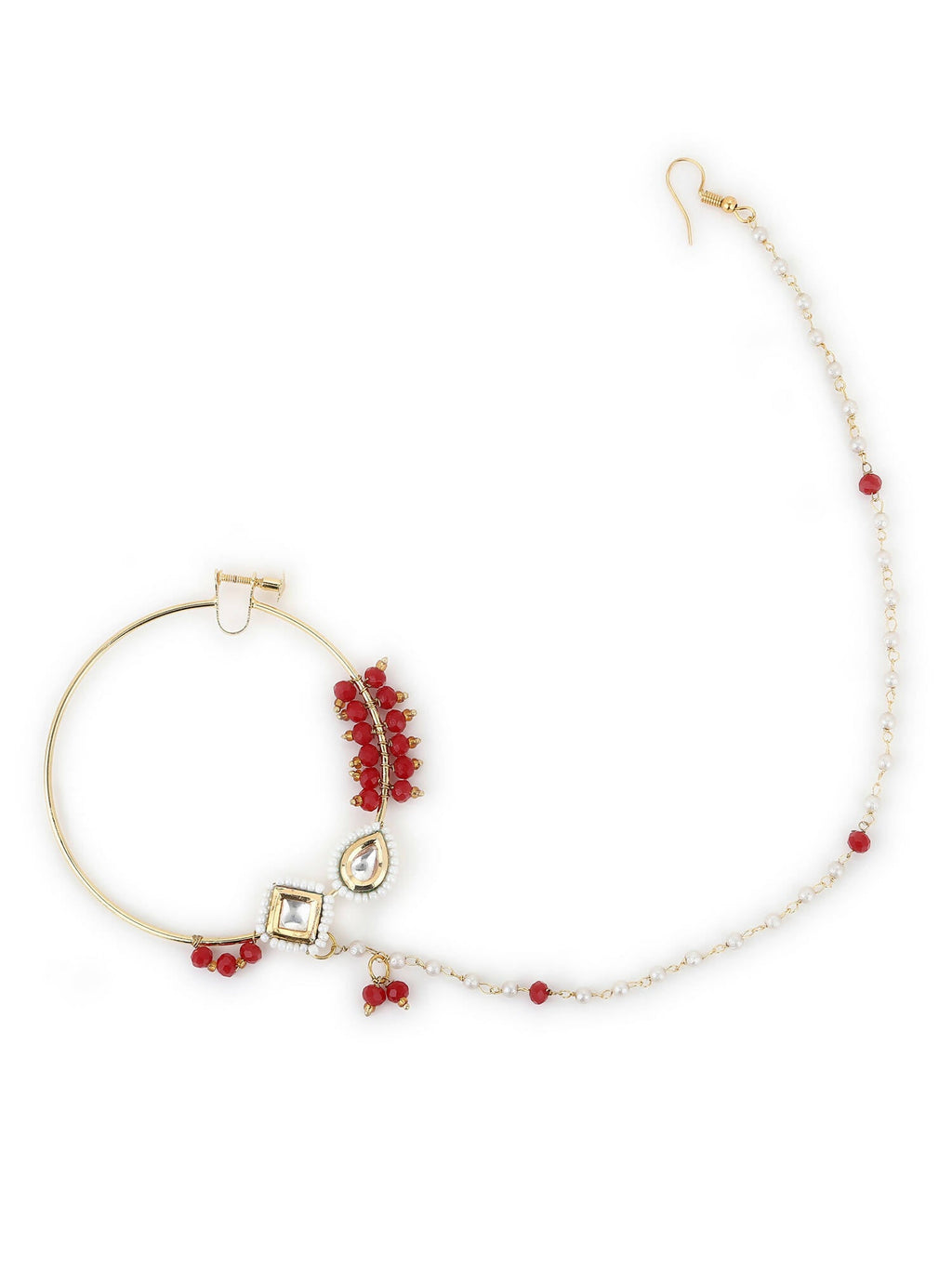 Gold-Polished White Red Stone-Studded Pearl Beaded Nosepin - Ruby Raang | Grocsy