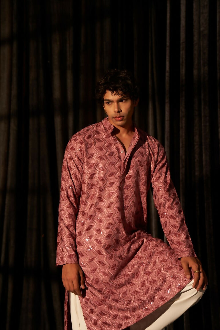 Pink viscose Chikankari Embroidery Work Men's Traditional Kurta Set - Mahotsav | Grocsy