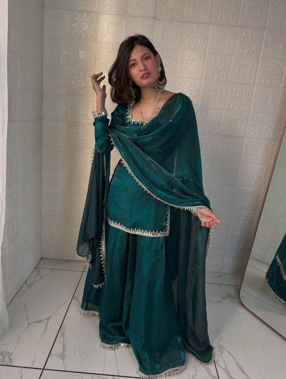 Teeya Creation Womens New Trending Less and Mirror Work Kurta Palazzo Set - Teal | Grocsy