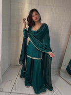 Teeya Creation Womens New Trending Less and Mirror Work Kurta Palazzo Set - Teal | Grocsy