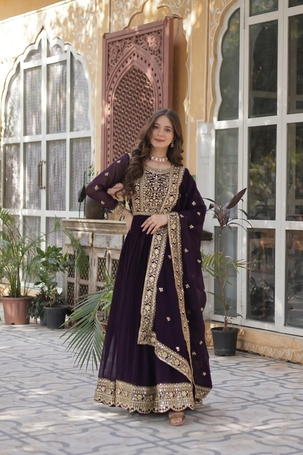Joban Fashion Wine Georgette Sequence Embroidery Work Kurta Set | Grocsy