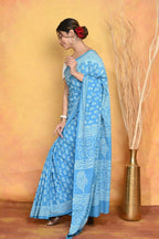 Very Much Indian Handblock Printed Cotton Saree With Natural Dyes - Sky Blue | Grocsy