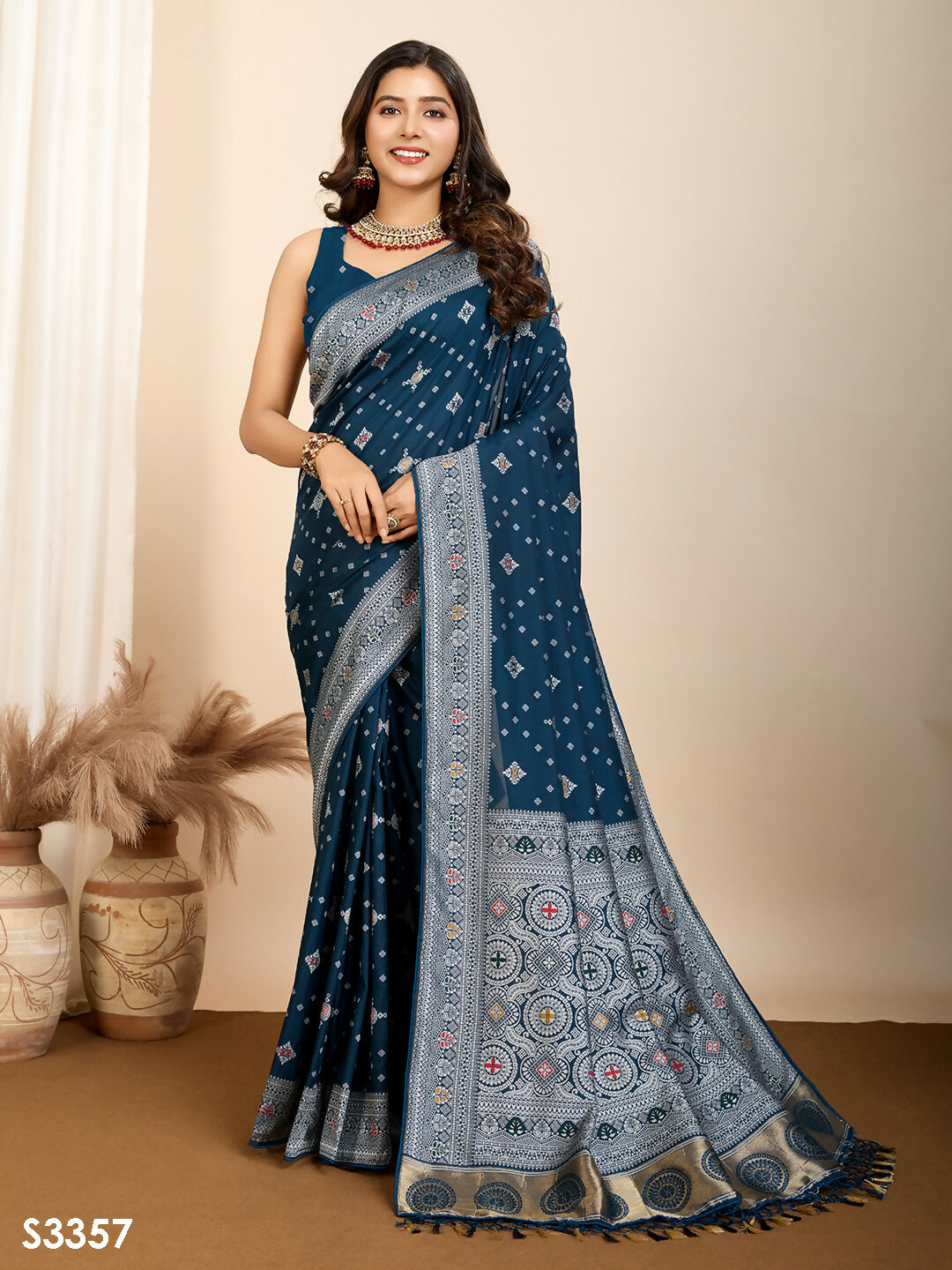 Teal Blue Soft Silk Woven Meenakari Designer Saree - Vedanti | Grocsy