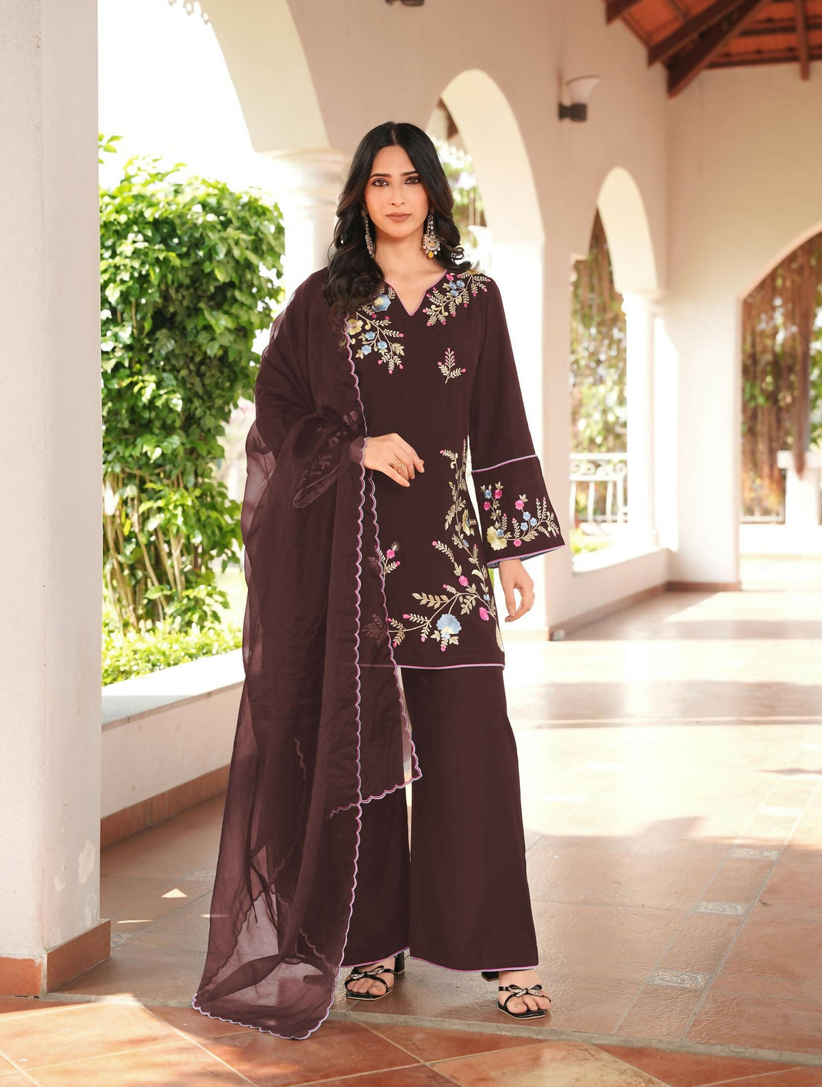 Nikhaar Brown Embroidered Art Silk Stitched Straight Cut Kurta Culottes Dupatta Readymade Suit | Grocsy