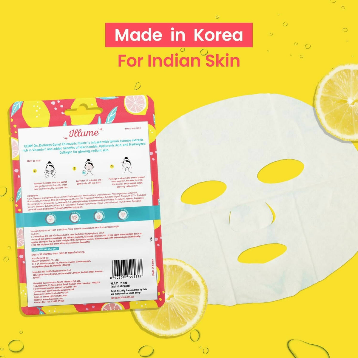 Chicnutrix Korean Illume Face Sheet Mask Infused With Lemon Essence Rich In Vitamin C Radiant and Glowing Skin, Korean Skincare | Grocsy
