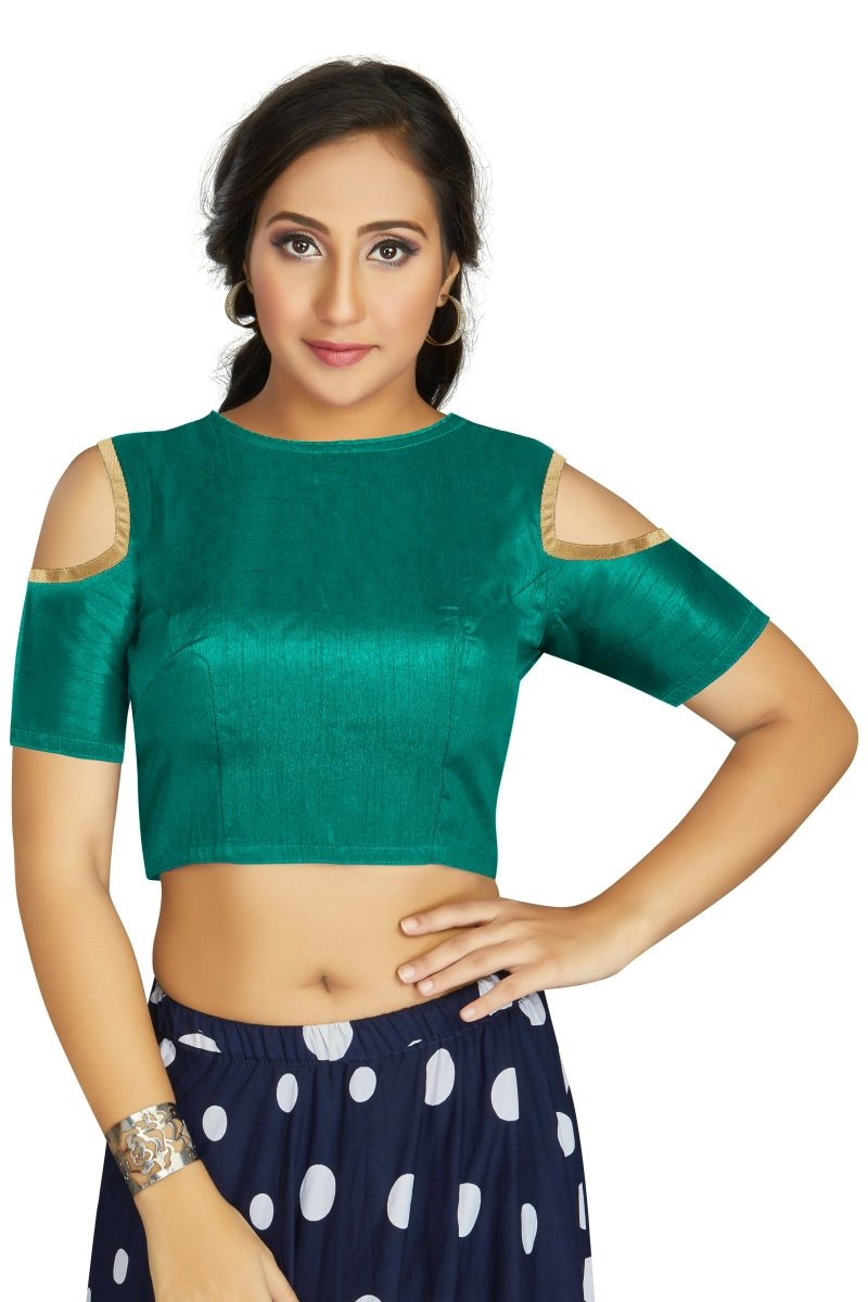Aastha Fashion Women's Sea Green Art Silk Cold Shoulder Sleeve Readymade Blouse | Grocsy