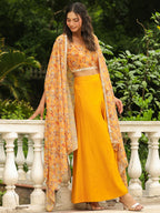 Janasya Mustard Georgette Floral Top Bottom Cape | Grocsy
