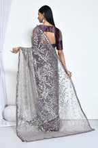 Brown Net Sequence Embroidered Festive Saree - Nimaya Denzy | Grocsy