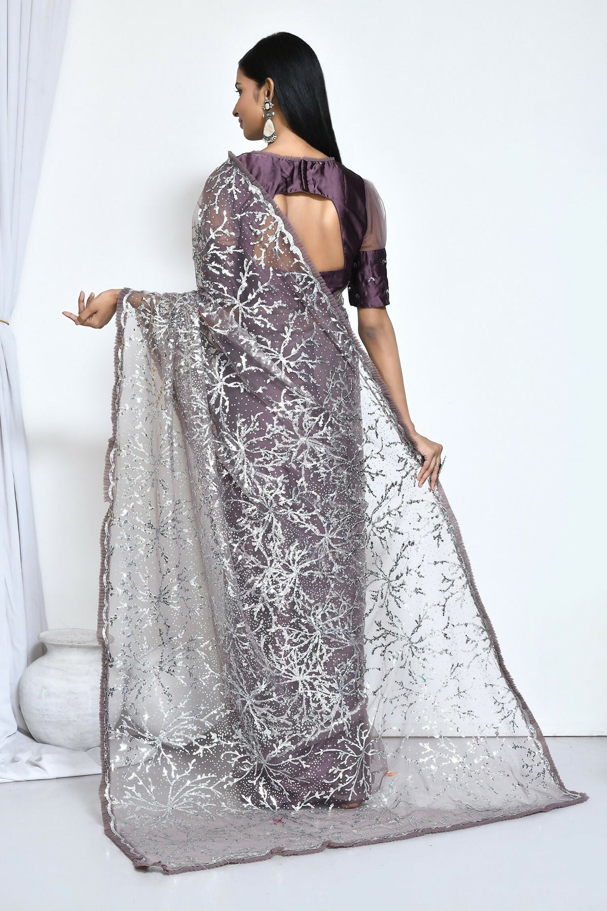 Brown Net Sequence Embroidered Festive Saree - Nimaya Denzy | Grocsy