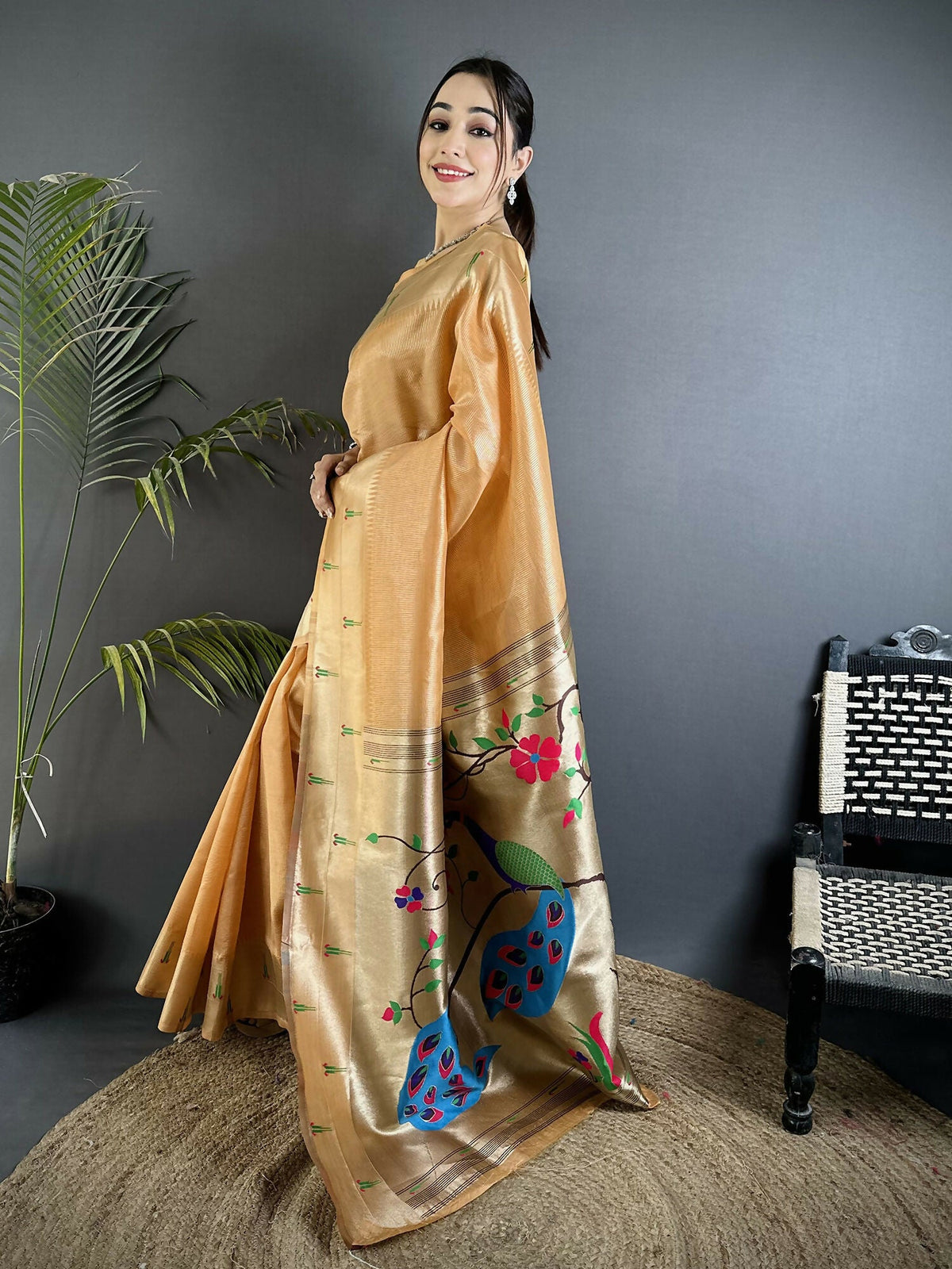 Joban Fashion Gold Yellow Peacock & Floral Motifs Tissue Paithani Saree | Grocsy