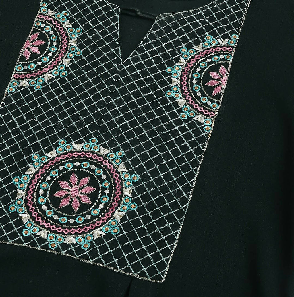 Green Rayon Yoke Embroidered A-line Top - Tarini | Grocsy