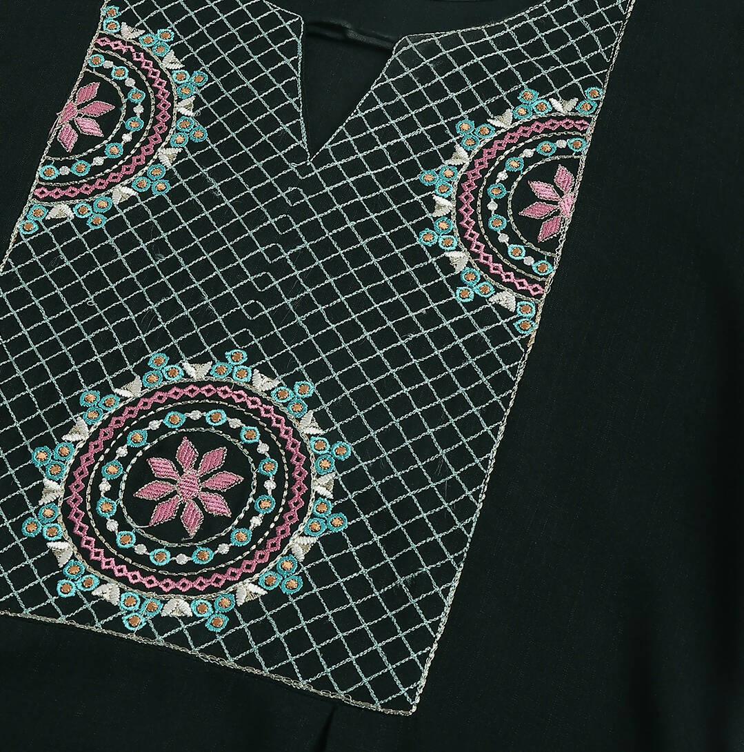 Green Rayon Yoke Embroidered A-line Top - Tarini | Grocsy