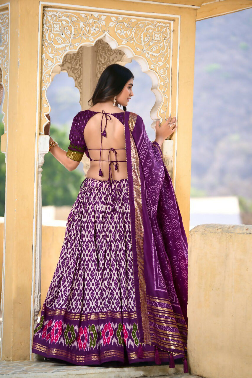 Vastranavya Designer Ikkat Print With Foil Work Lehenga Choli - Purple | Grocsy
