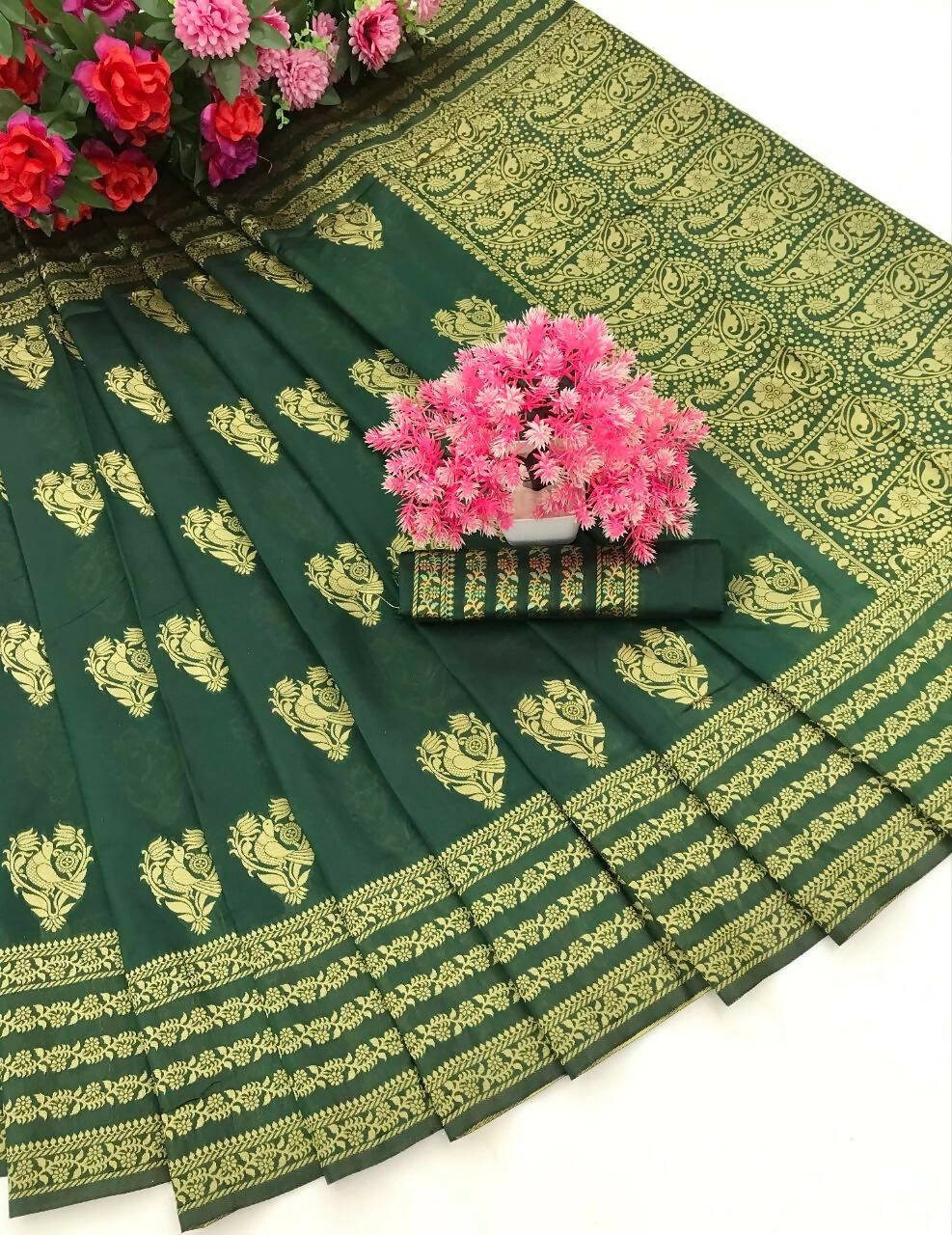 DEIANA'S Beautiful Designer Golden zari Soft Lichi Silk Saree - Green | Grocsy