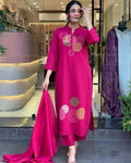 Teeya Creation Women Pink Geometric Embroidered Straight Kurta with Pants and Dupatta Set | Grocsy