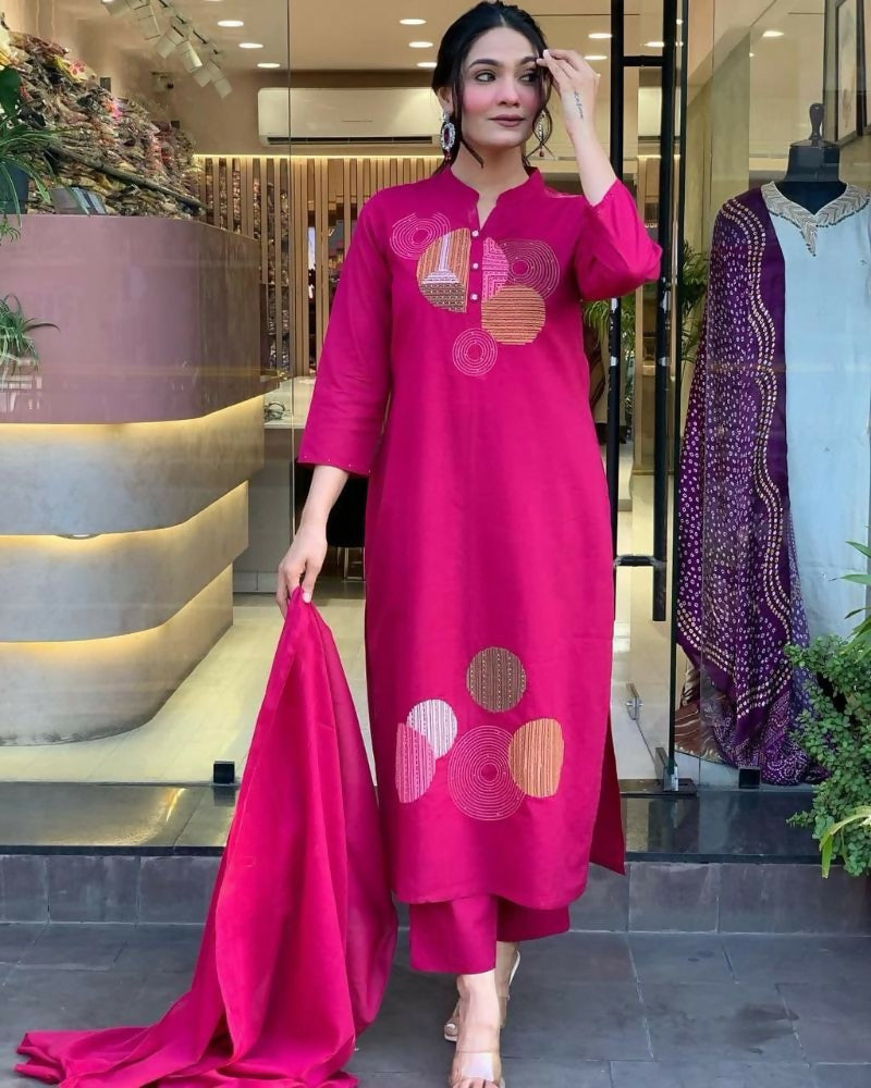 Teeya Creation Women Pink Geometric Embroidered Straight Kurta with Pants and Dupatta Set | Grocsy