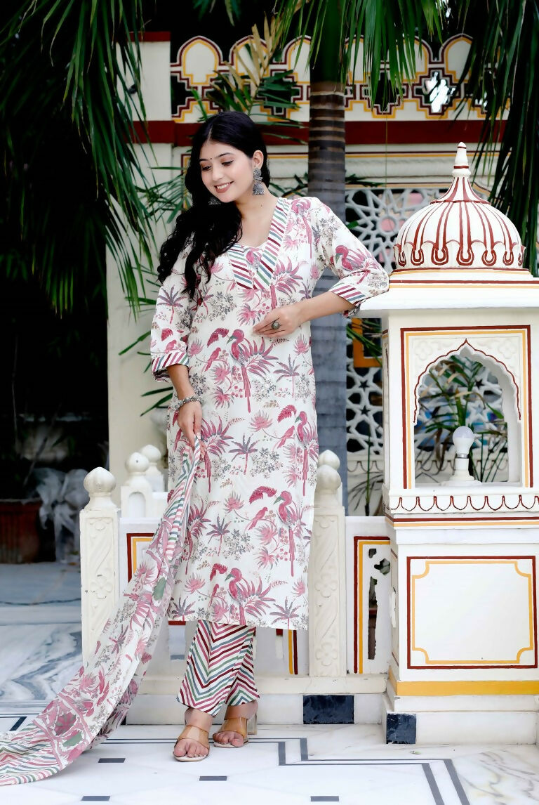 Miravan Women's Cotton Light Pink Scenic Birds And Leaf Straight Pakistani Style Suit Set | Grocsy