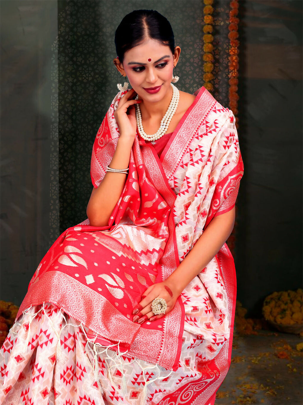 Shree Shyam Fashion Devistuti Red White Linen Cotton Saree | Grocsy