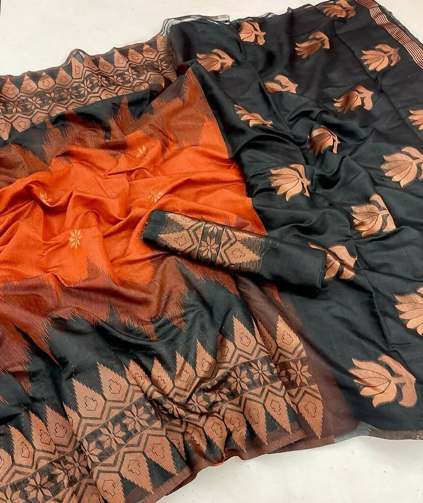 DEIANA'S Beautiful Designer Golden zari Soft Lichi Silk Saree - Orange | Grocsy