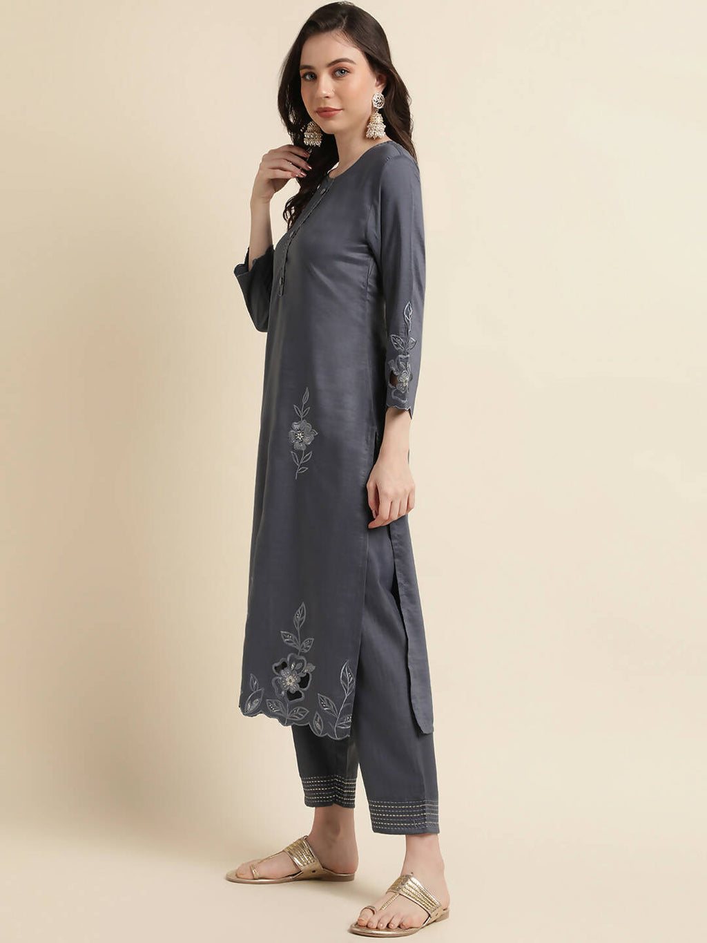 Grey Chinon Silk Embroidered Straight Kurta with Trouser & Dupatta - Salimar | Grocsy