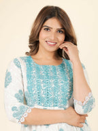 Aramya White Soft Cotton Block Print Anarkali Kurta Set for Women | Grocsy