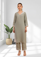 Joban Fashion Gray Linen Embroidered Readymade Long Kurta With Pant | Grocsy