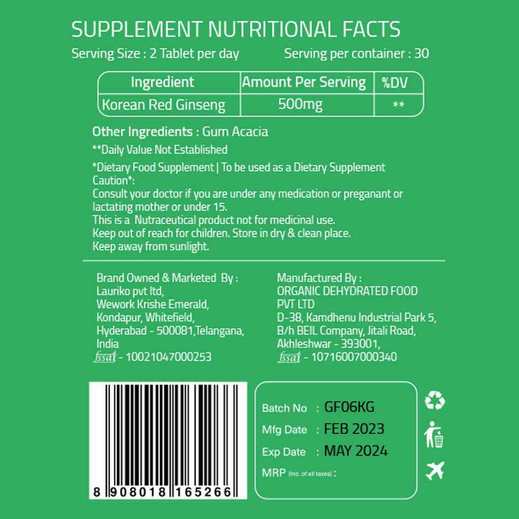 Laurik Koren Red Ginseng 1000Mg Tablets For Men | Natural Plant-Based Supplement For Energy & Stamina | Grocsy