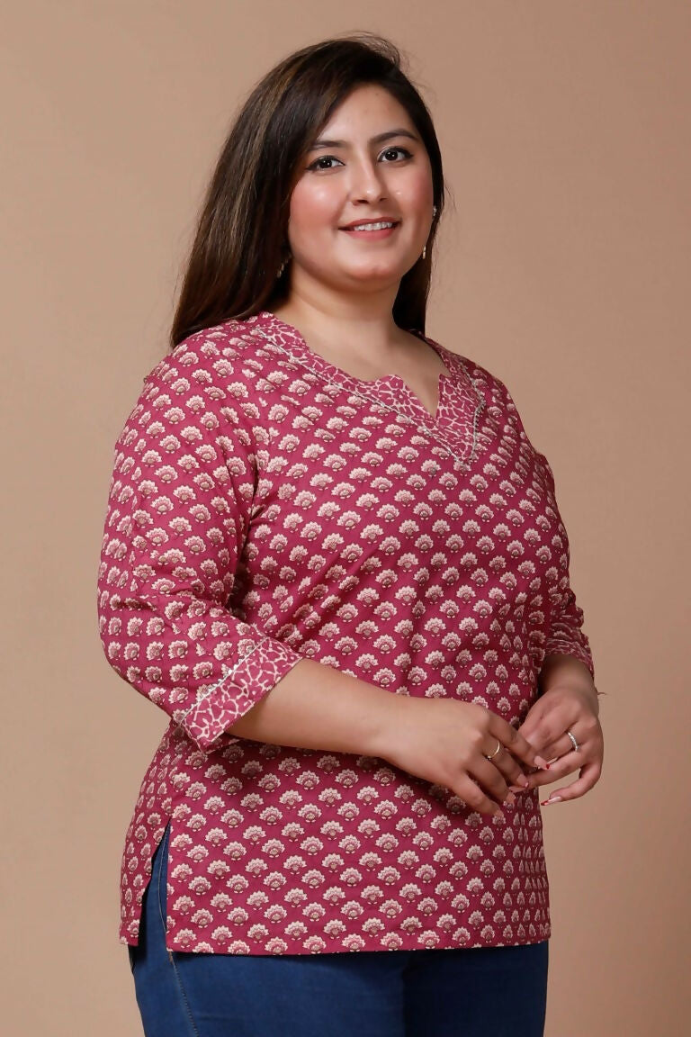 Miravan Women's Plus Size Pink Floral Printed Cotton Kurti | Grocsy