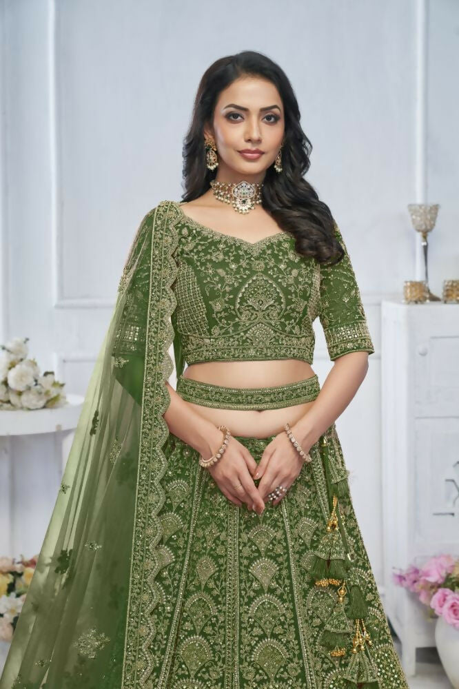 Kesar Fab Green Net Hand_Woven Lehenga | Grocsy