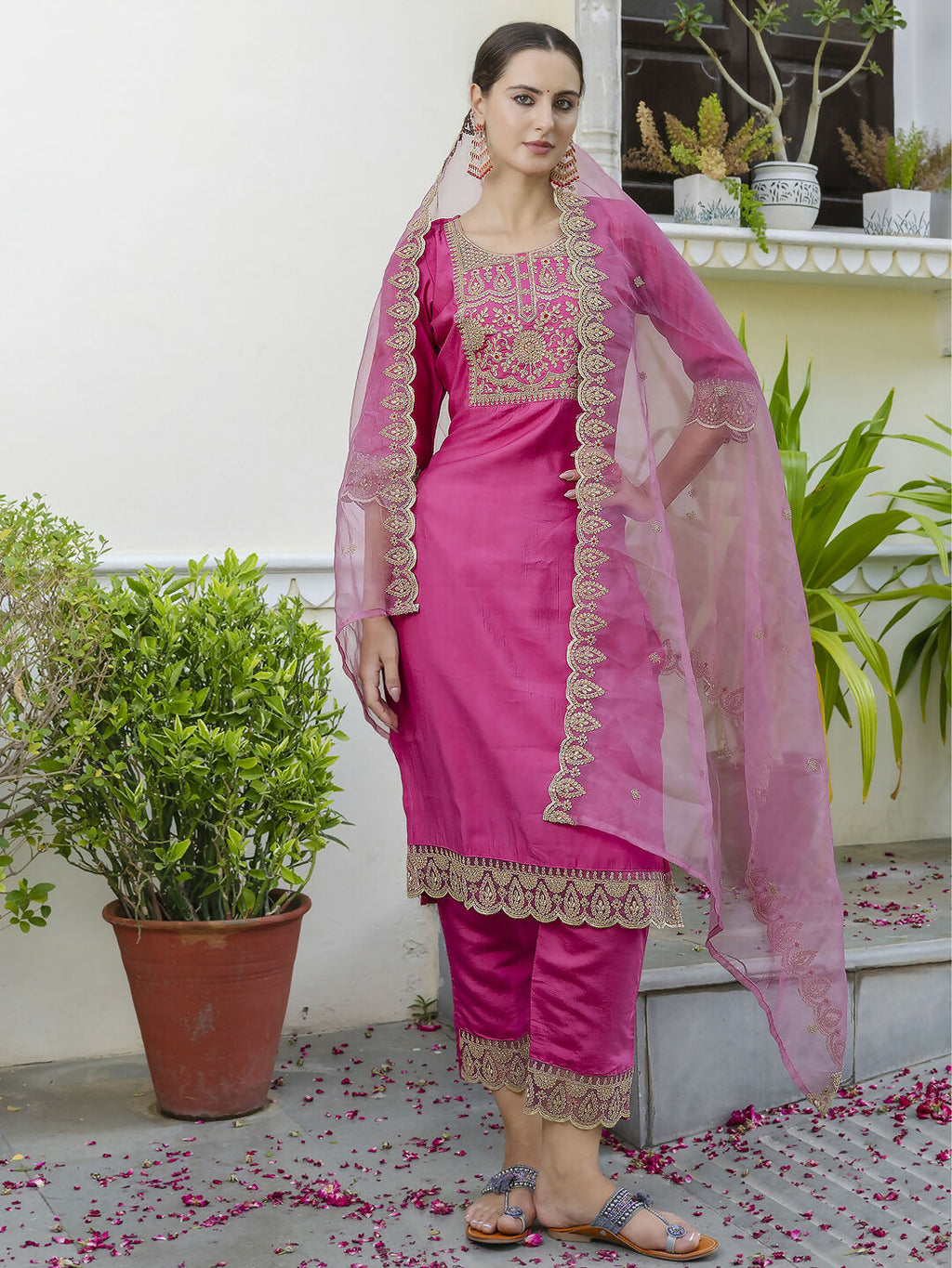 Vellora Rich Rani Pink Embroidery Work Readymade Salwar Suit | Grocsy