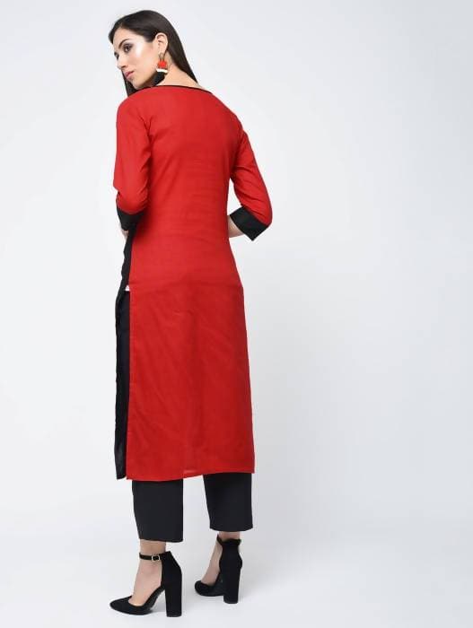 Aniyah Cotton Red Color Stylish Block Straight Kurta (AN-107K) | Grocsy