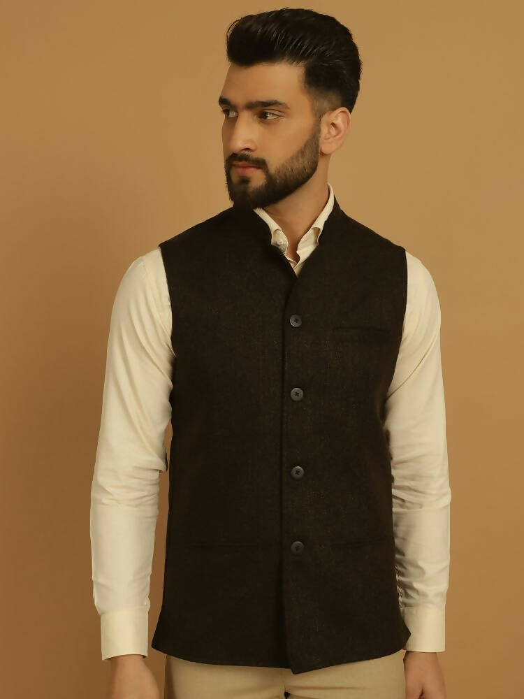 Even Apparels Pure Wool Nehru Jacket - Brown | Grocsy