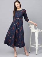 Yufta Women Navy Blue & Orange Quirky Printed Maxi Dress | Grocsy
