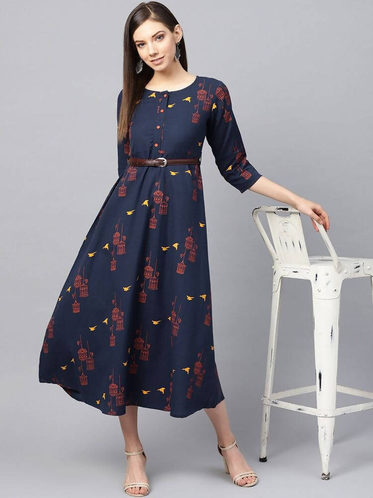 Yufta Women Navy Blue & Orange Quirky Printed Maxi Dress | Grocsy