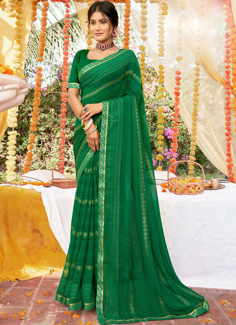 Green Georgette Foil Printed Saree with Unstitched Blouse Piece - Avika | Grocsy
