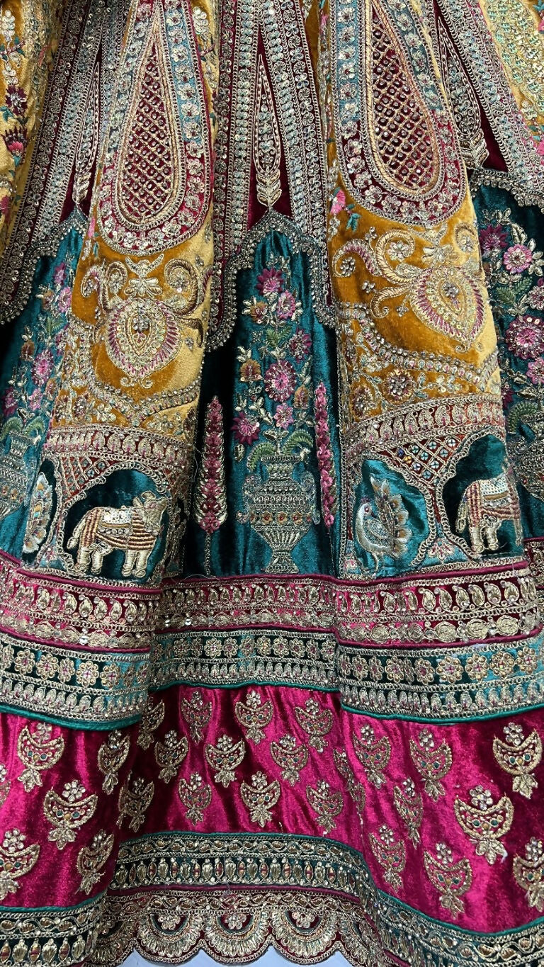 Jyoti Fashion Women's Mustard Velvet Multi Thread Embroidered, Patch Work with Zircon Diamond Wedding Lehenga Choli | Grocsy