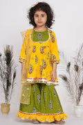 Little Bansi Girls Cotton Floral Kurta with Frill Sharara & Dupatta - Yellow & Green | Grocsy