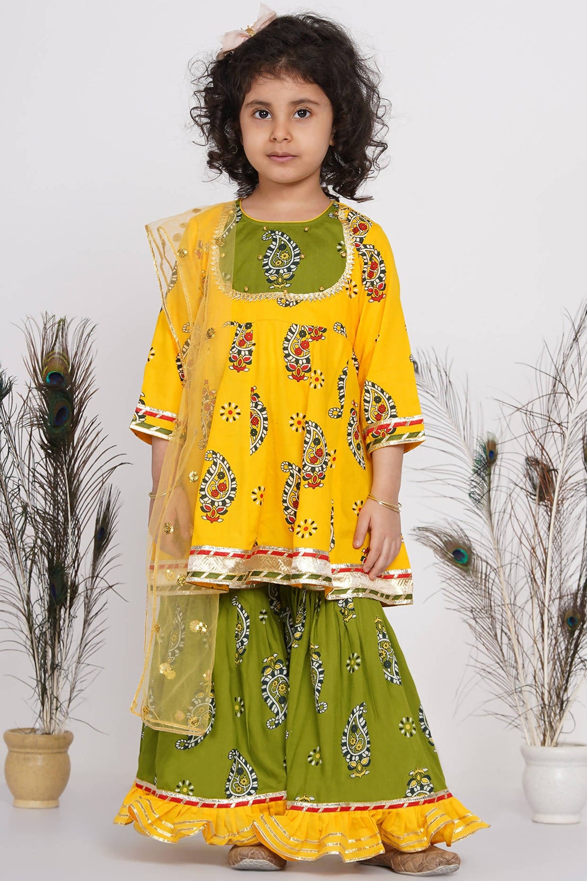 Little Bansi Girls Cotton Floral Kurta with Frill Sharara & Dupatta - Yellow & Green | Grocsy