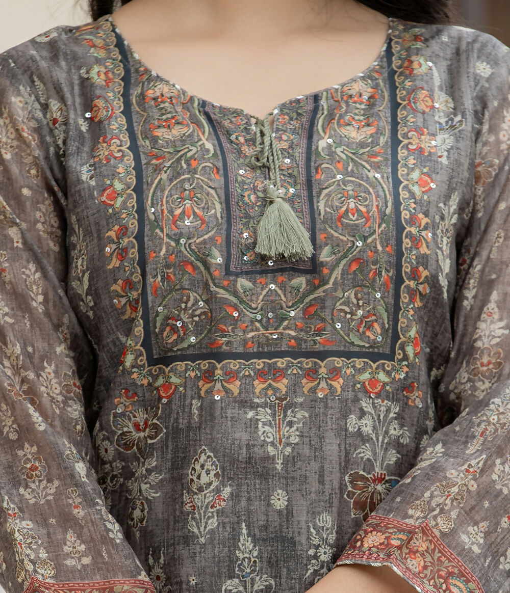 Kaajh Women's Grey-Green Digital Print Chanderi Kurta Pant Set With Dupatta | Grocsy