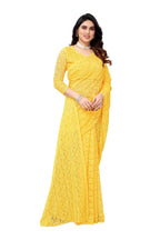 Vamika Ethnic Fire Yellow Pearls Net Saree | Grocsy
