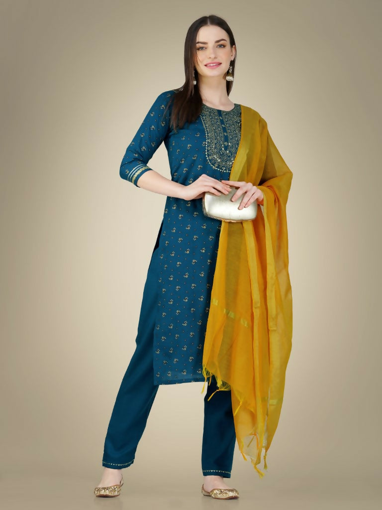 Jyoti Fashion Women's Morpich Cotton Magic Slub Embroidery & Sequence work Kurta with Trouser & Dupatta | Grocsy